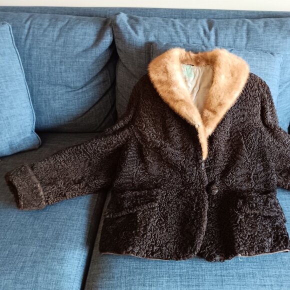 Vintage Dark Brown Persian Lamb Stroller Coat Jacket Fur Collar Faux Pockets 60s - Picture 2 of 16